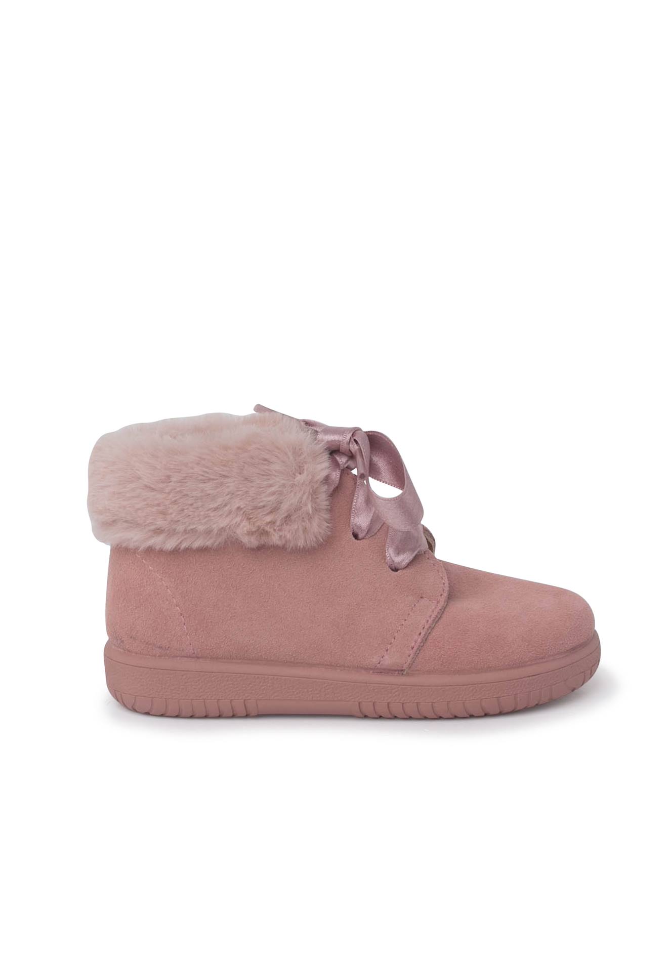 Bottines En Suède Fille Col Fourrure Lacets En Satin Rose