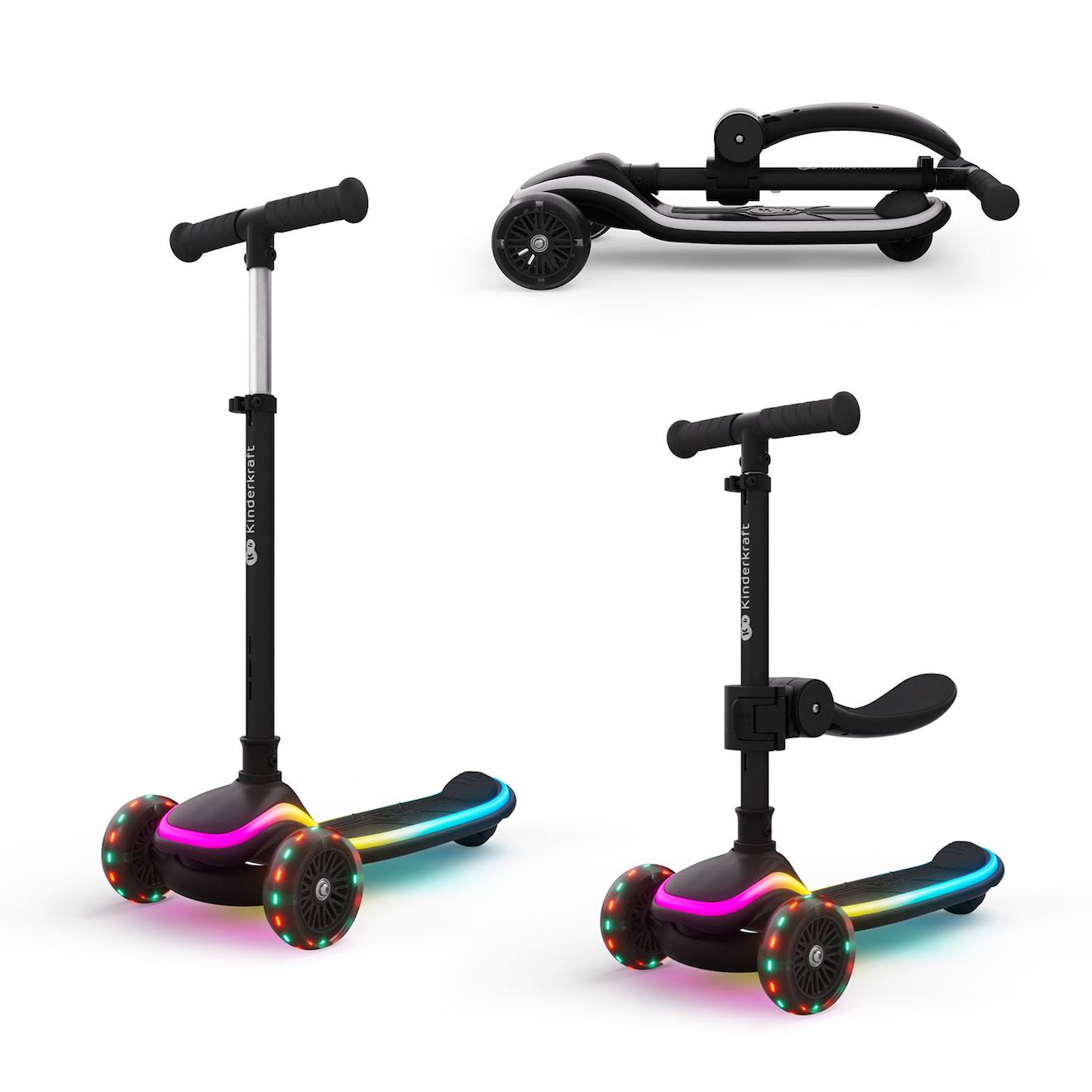 Trottinette Kinderkraft Raket Up 2 En 1 Avec Siège Réglable, Roues Rgb Et Led, Guidon Ajustable Et Pliage Compact Black