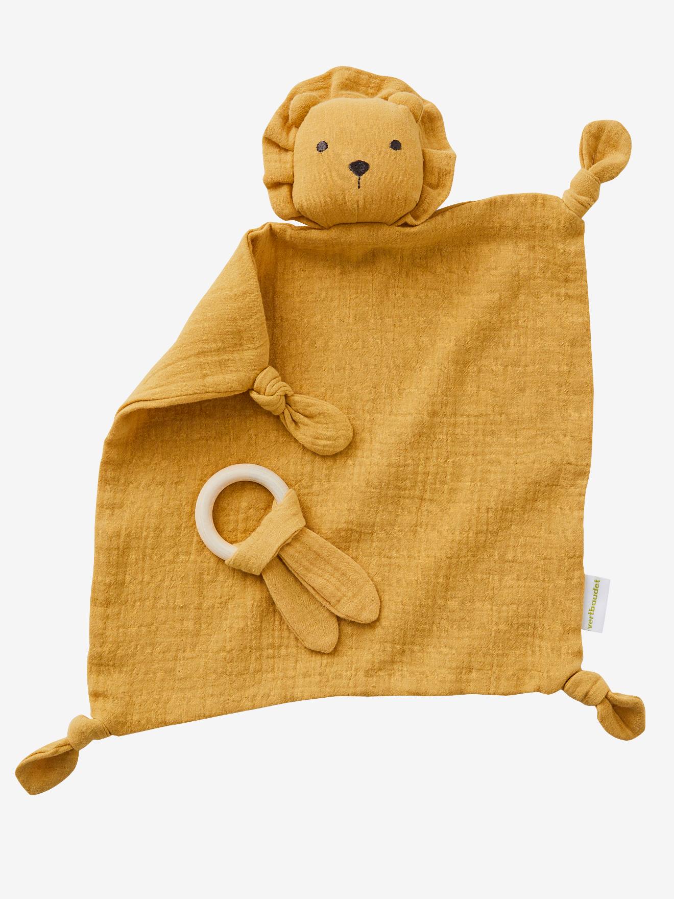 Doudou personnalisable en gaze de coton + hochet rond curry (Vertbaudet) - Image 2