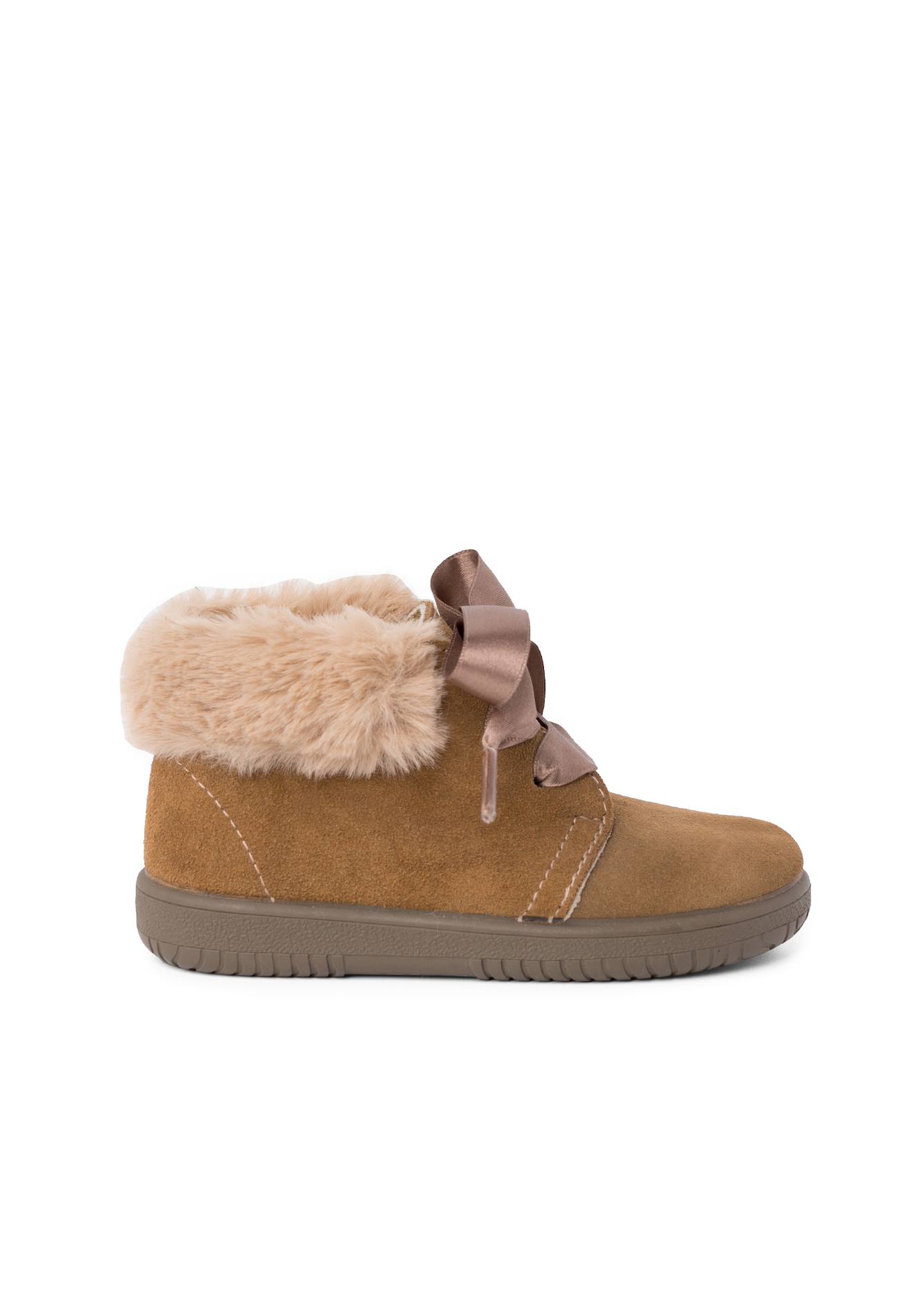 Bottines En Suède Fille Col Fourrure Lacets En Satin Taupe