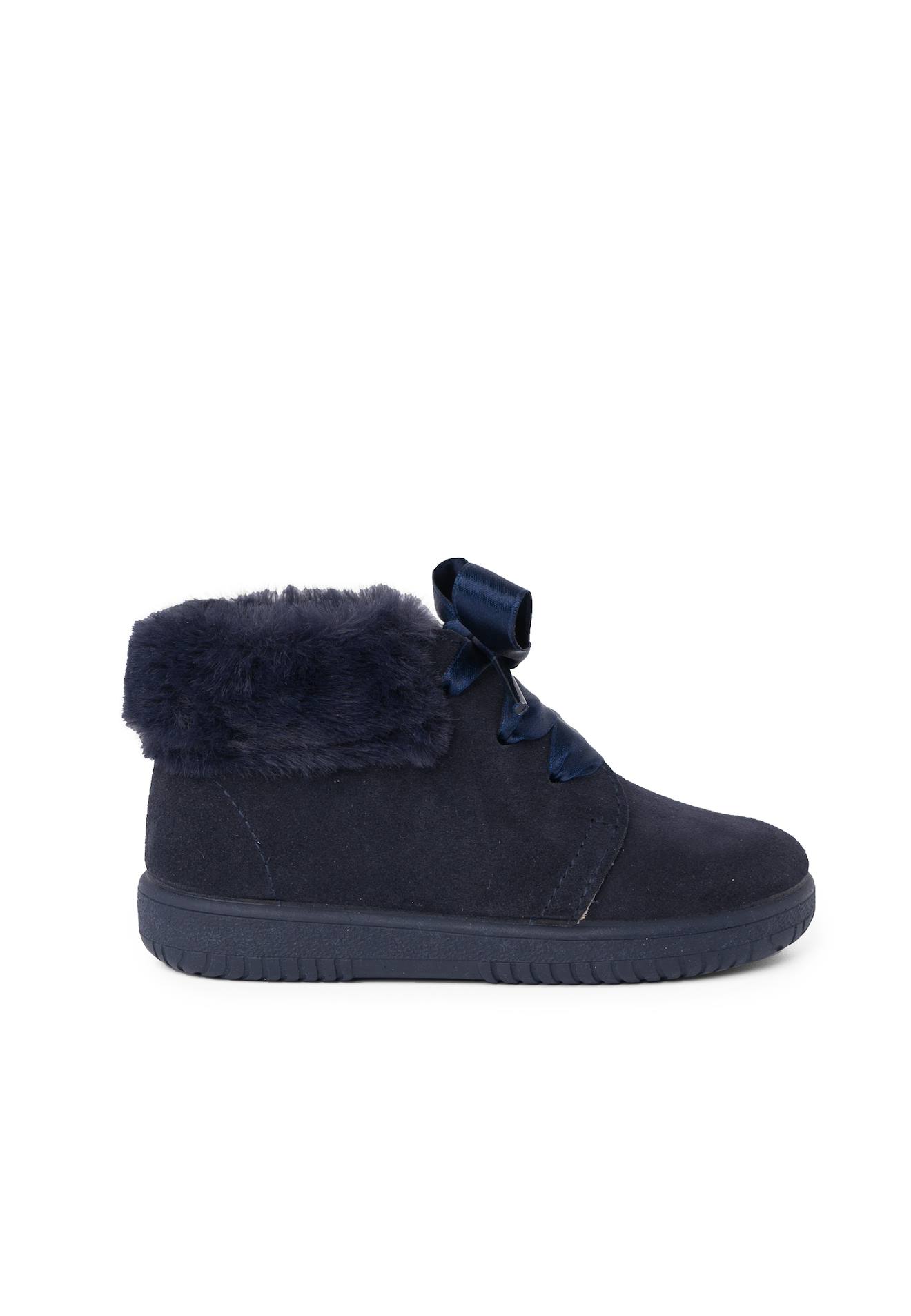 Bottines En Suède Fille Col Fourrure Lacets En Satin Bleu Marine