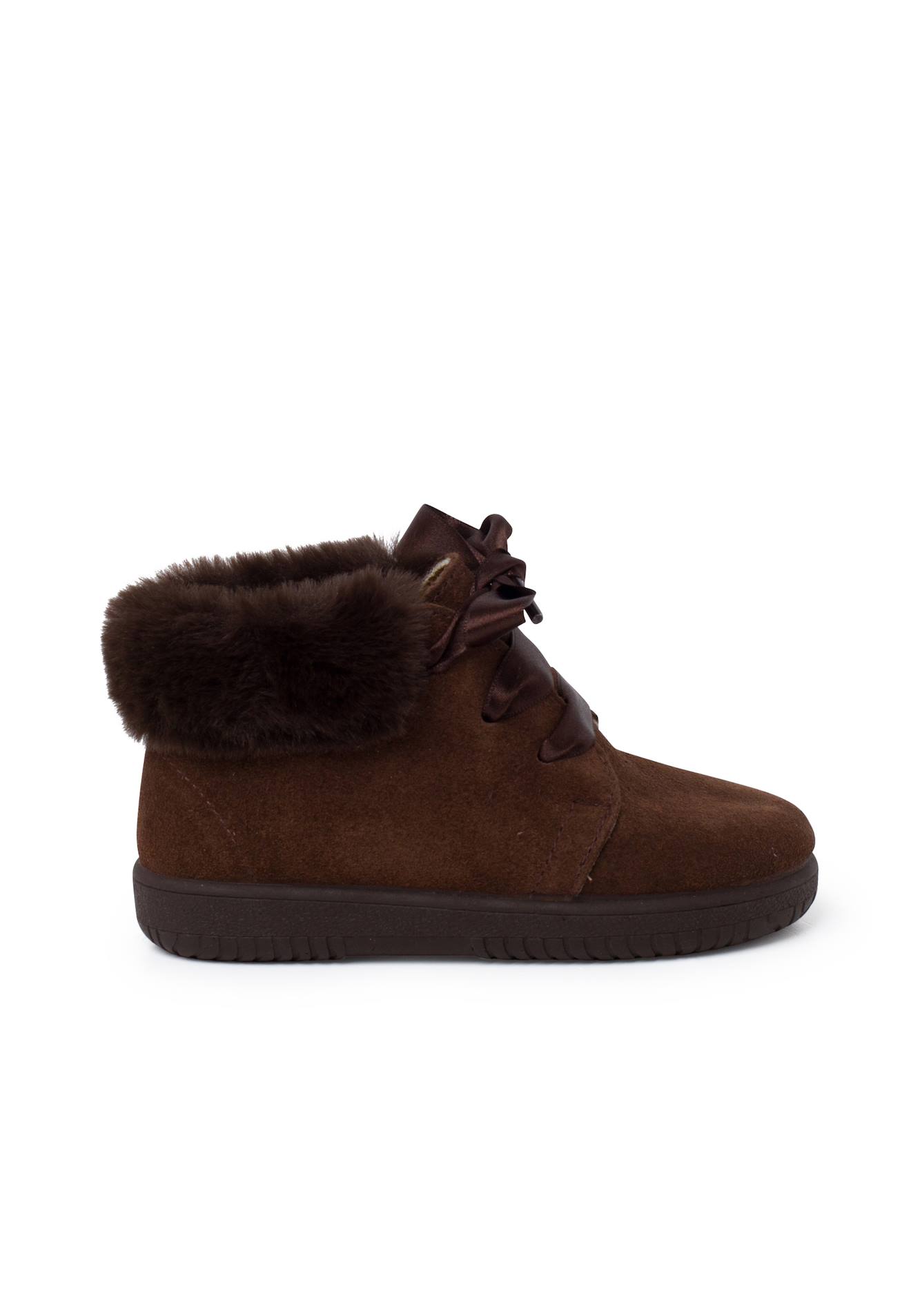 Bottines En Suède Fille Col Fourrure Lacets En Satin Marron