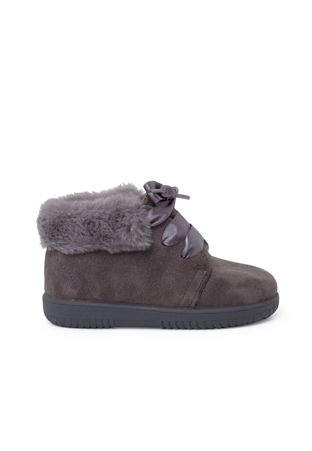 Bottines En Suède Fille Col Fourrure Lacets En Satin Gris