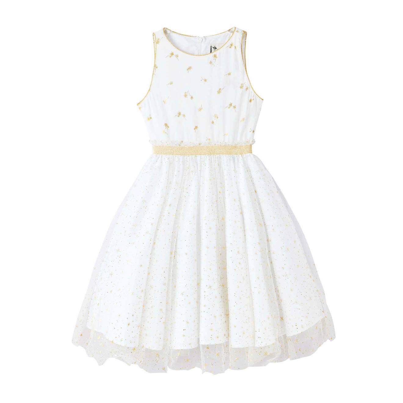 Robe Demoiselle D'honneur Avec Noeud Hepburn Blanc Paillettes Dorées