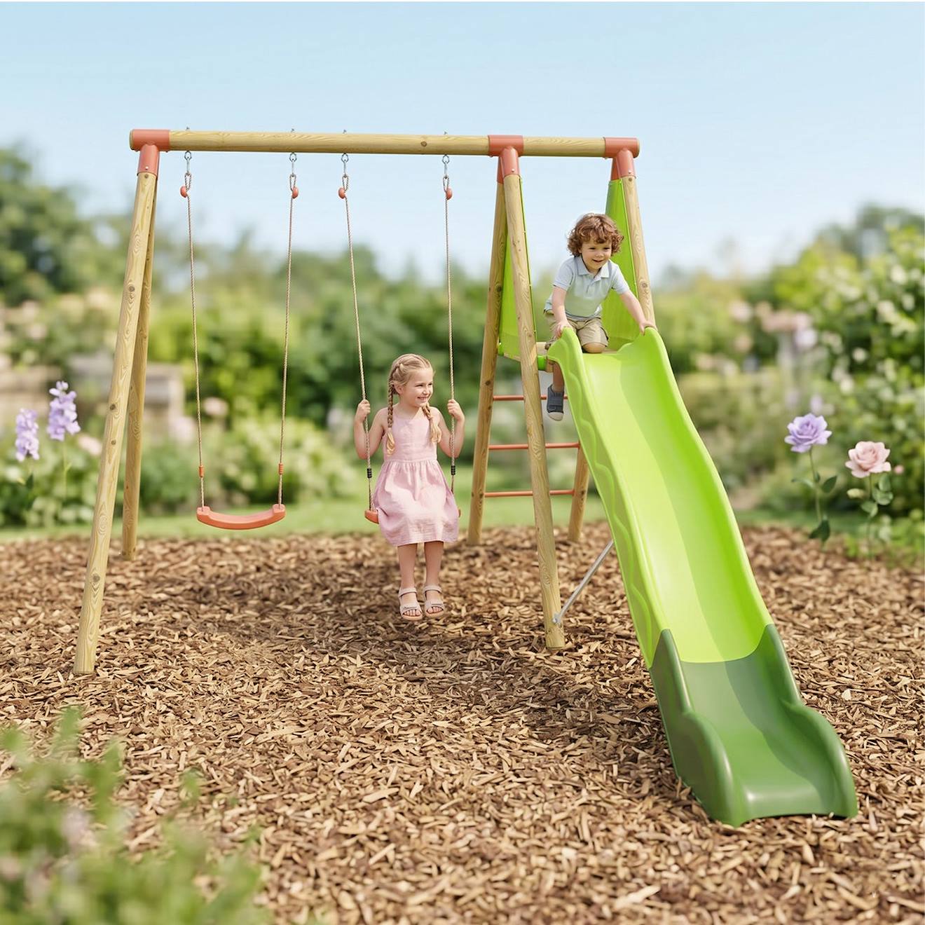 Portique Balançoire En 2,30 M Topwood Milu - 4 Enfants Bois