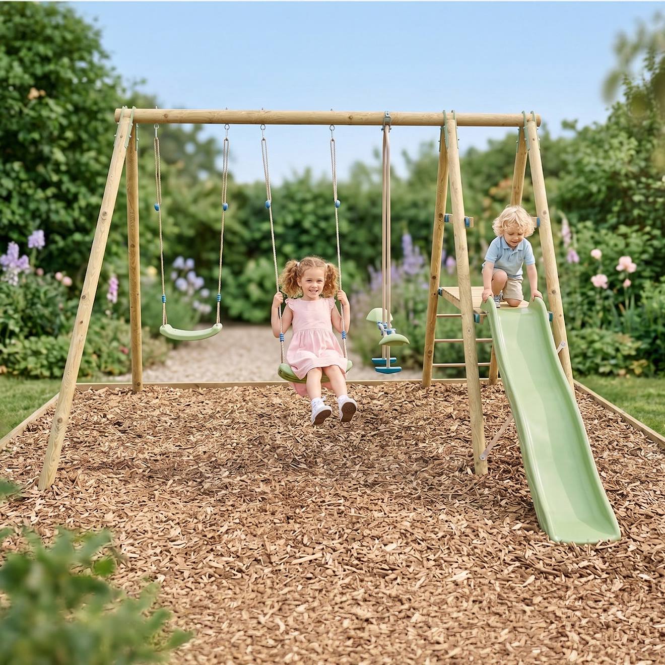 Portique Balançoire Tutti Avec Toboggan Pour Enfants Bois