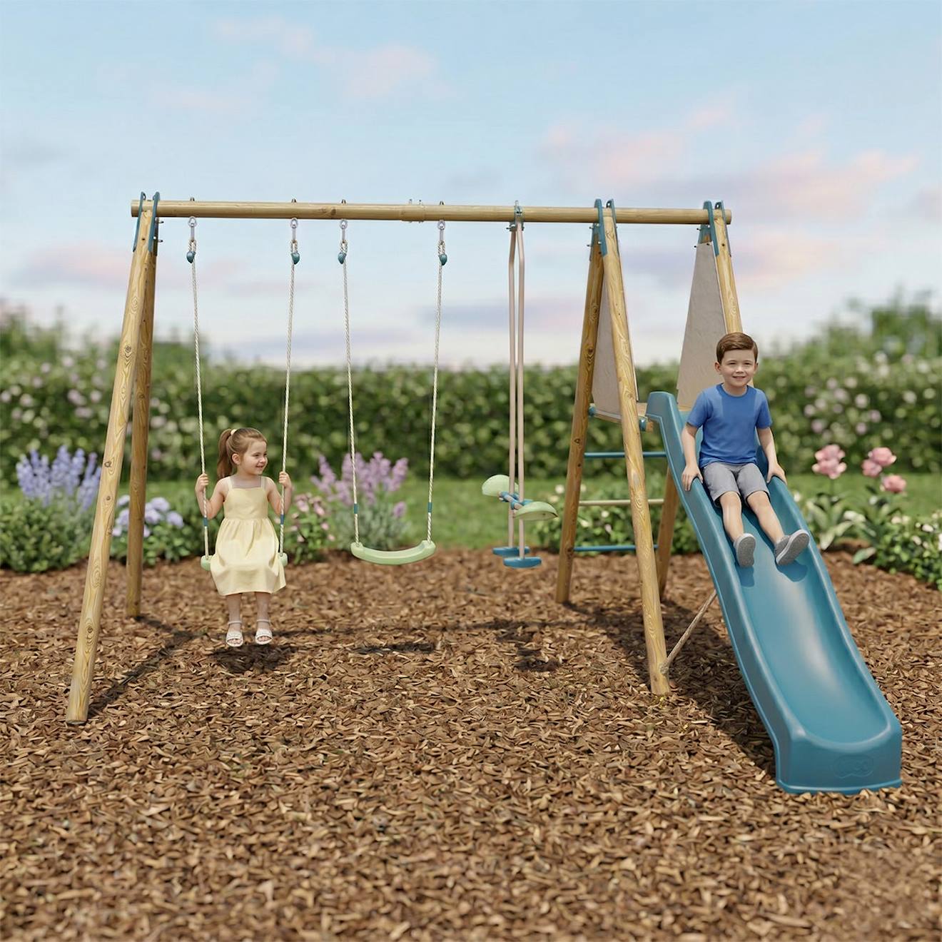 Portique Balançoire Optima Avec Toboggan Pour Enfants Bois