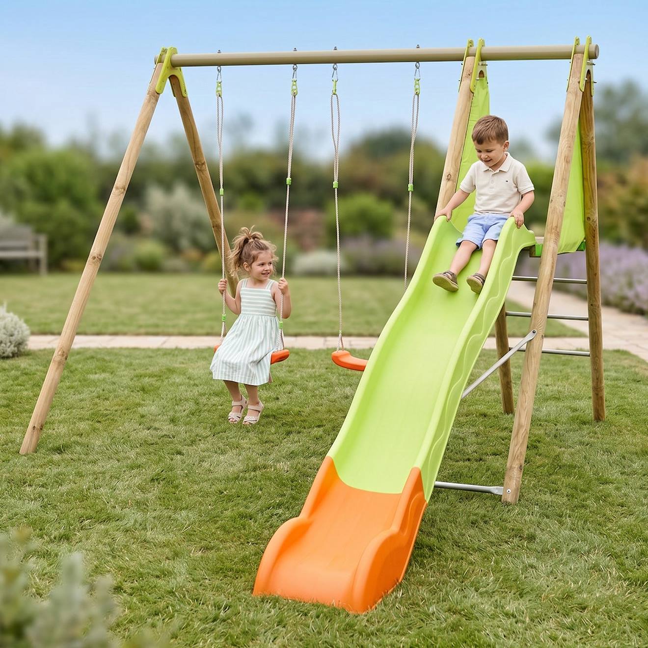 Portique Balançoire Poutre Métal 2,30 M Techwood Arroba - 4 Enfants Bois