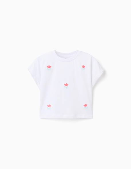 Fille-T-shirt, sous-pull-T-shirt-T-shirt court en coton avec fleurs à sequins