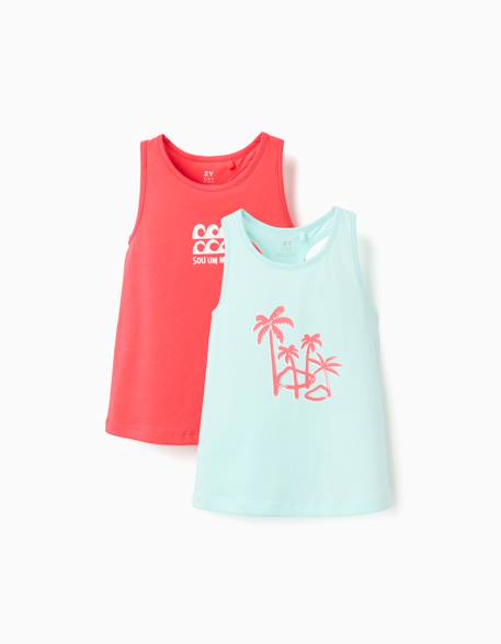 Fille-T-shirt, sous-pull-T-shirt-Lot de 2 débardeurs en coton avec imprimés plage