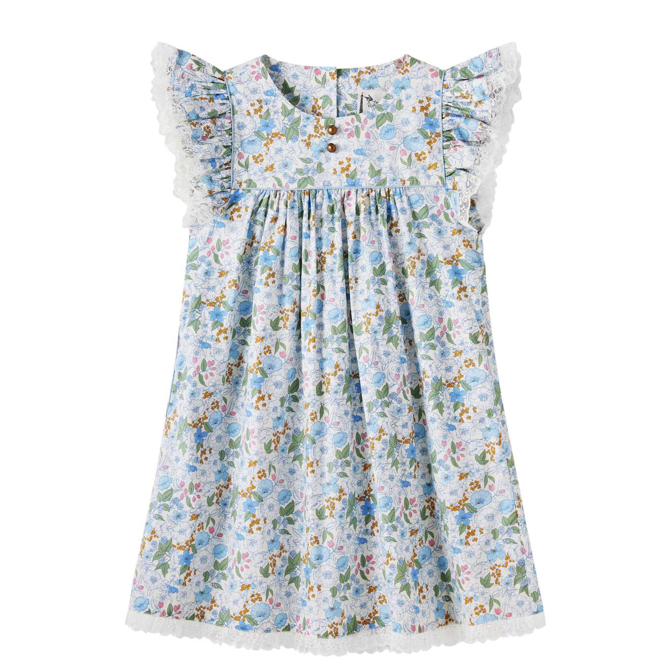 Robe Cérémonie Fleurie Liberty Appoline Bleu Fleuri Rose Vert