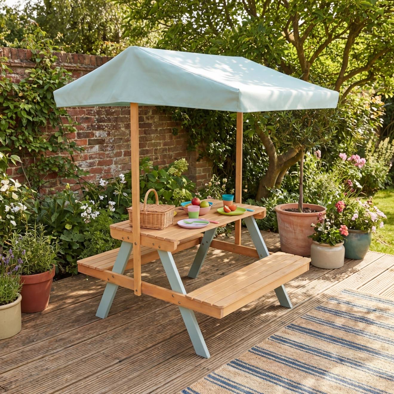 Table De Pique-nique, Salon De Jardin Enfant Bois D'acacia Avec Parasol 2 Places - Jade Vert De Gris