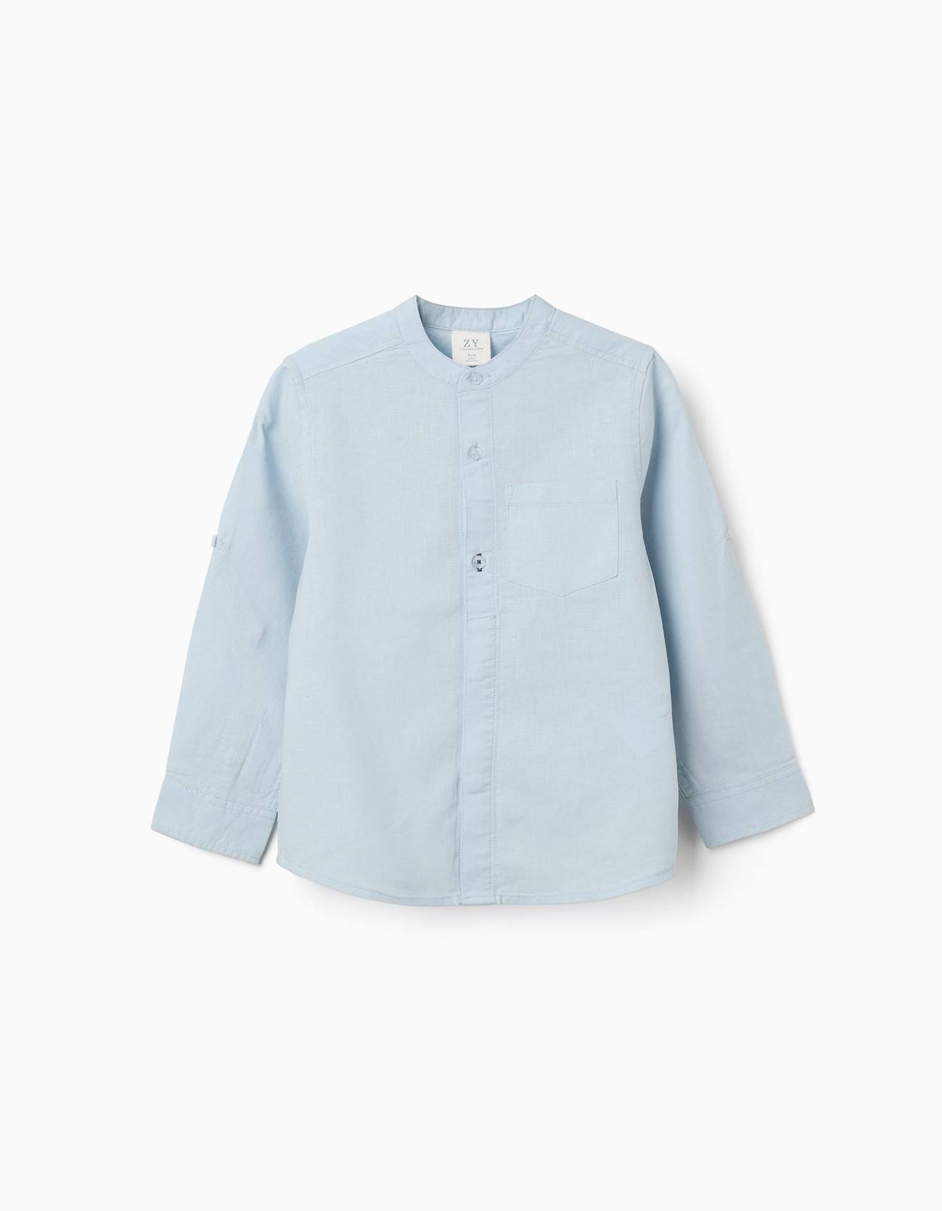 Chemise Manches Longues En Lin Et Coton Avec Col Mao Bleu Clair 26 €