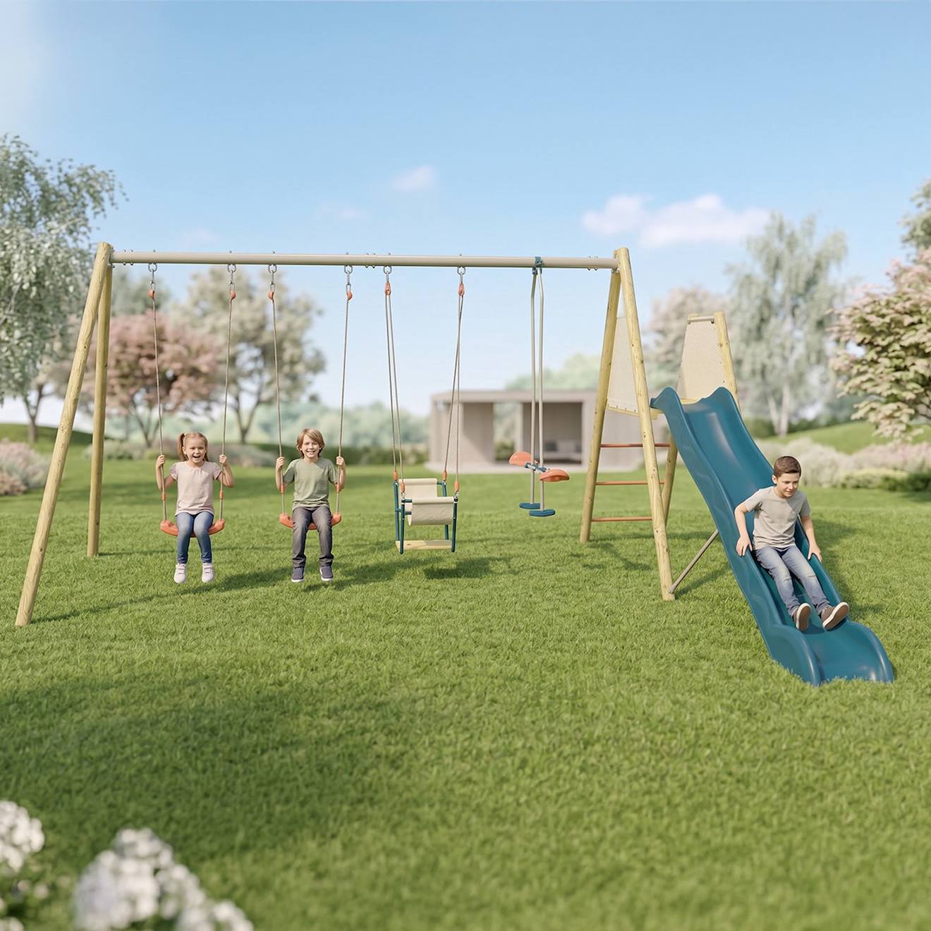 Portique Balançoire Toboggan, Face À Face Et Nacelle - Techwood Marcy Bleu