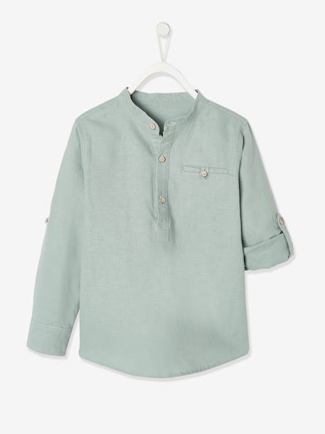 Chemise col Mao en coton/lin garçon manches retroussables blanc+bleu ciel+Bleu moyen+vert 24 - vertbaudet enfant 
