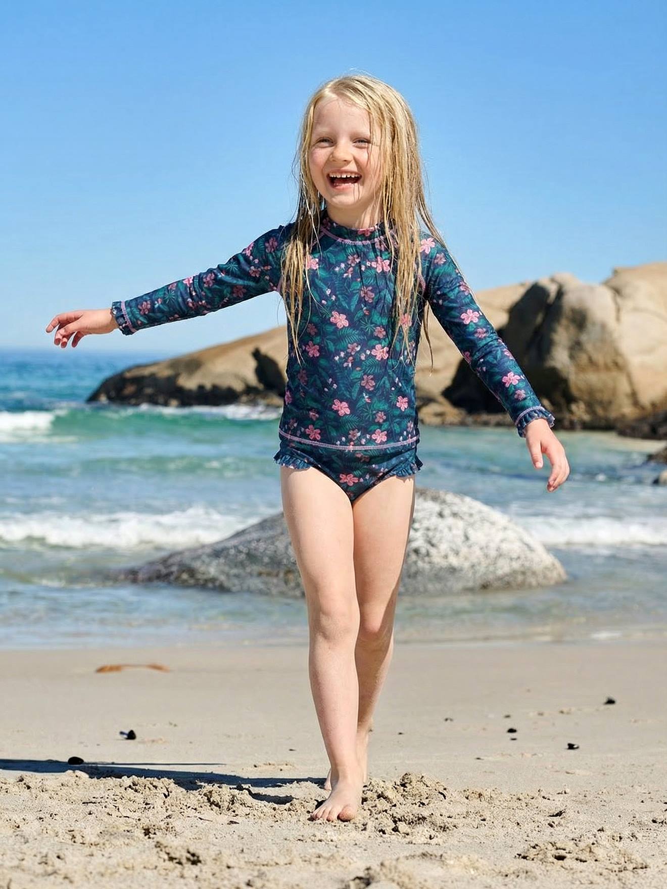 Maillot bain fille 2 pièces anti UV marine