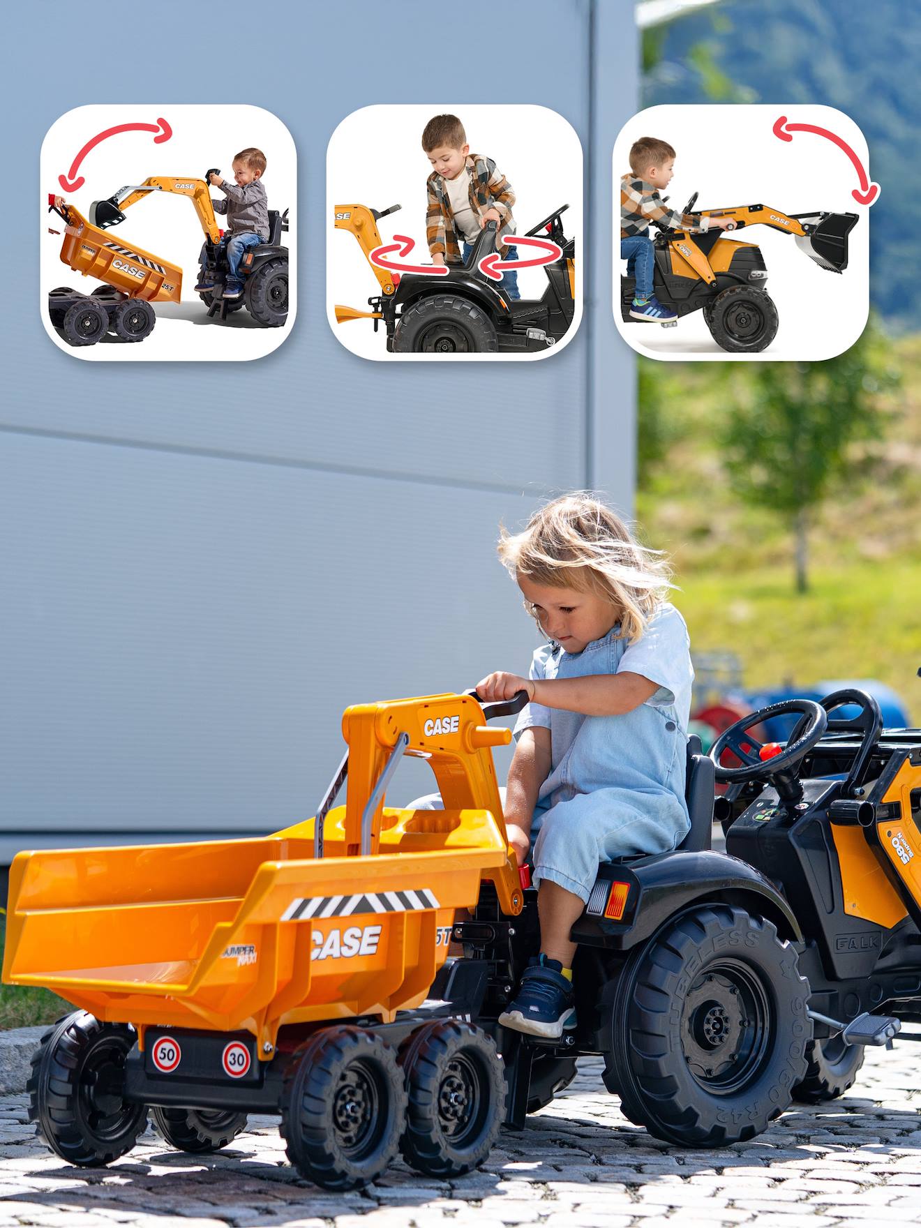 Tractopelle Komatsu avec excavatrice et remorque basculante