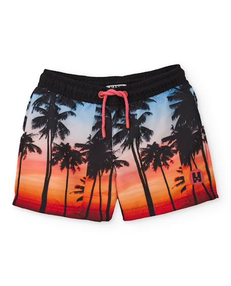 Garçon-Short de bain garçon en tissu tissé avec palmiers contrastés