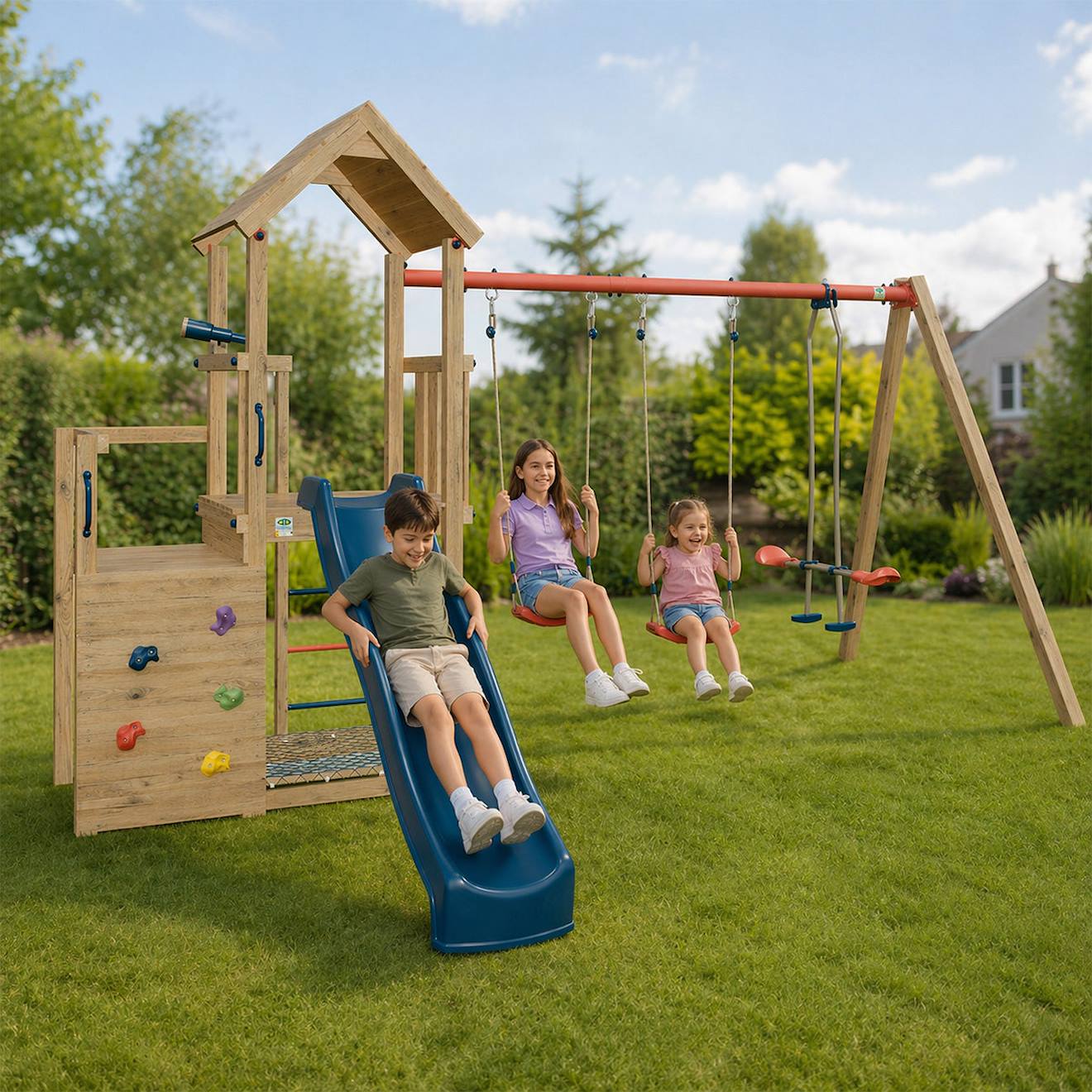Aire De Jeux Avec Toboggan Xchange Clever Avec Poutre Métal 3 Agrès Pour Enfants Bois