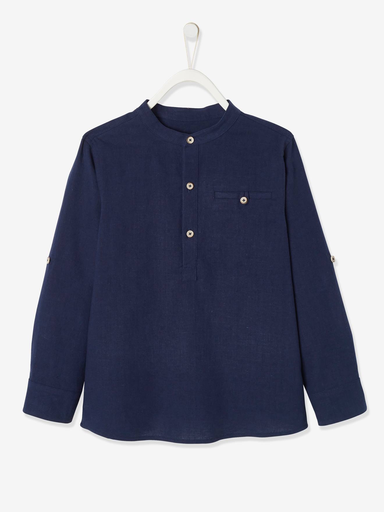 Chemise col Mao garçon en coton/lin manches longues marine foncé