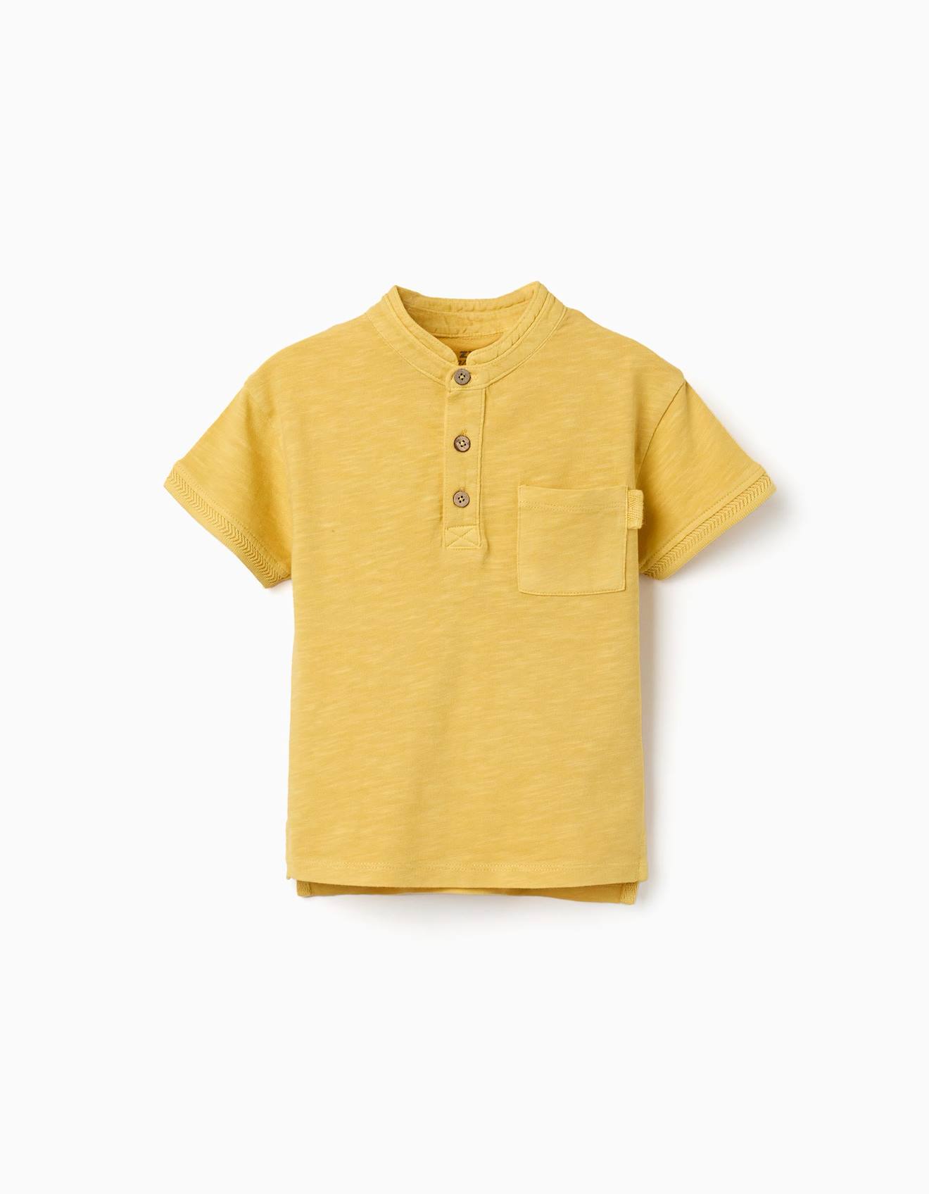 T-shirt En Coton Avec Col Mao Et Poche Jaune Fonc 12$