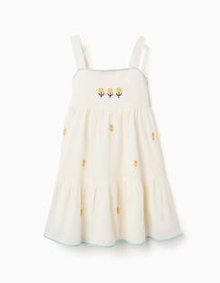 -Robe en coton et lin avec fleurs brodées