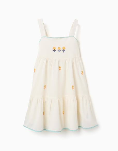 Fille-Robe en coton et lin avec fleurs brodées