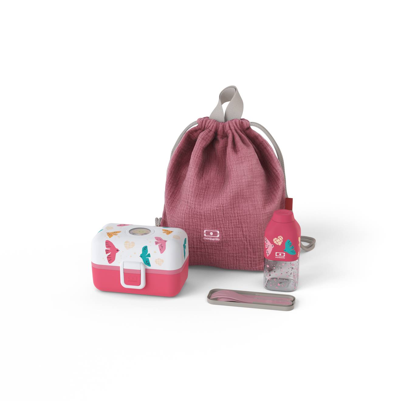 Set Lunch Box Enfant Complet Avec Ses Accessoires Rose Birds
