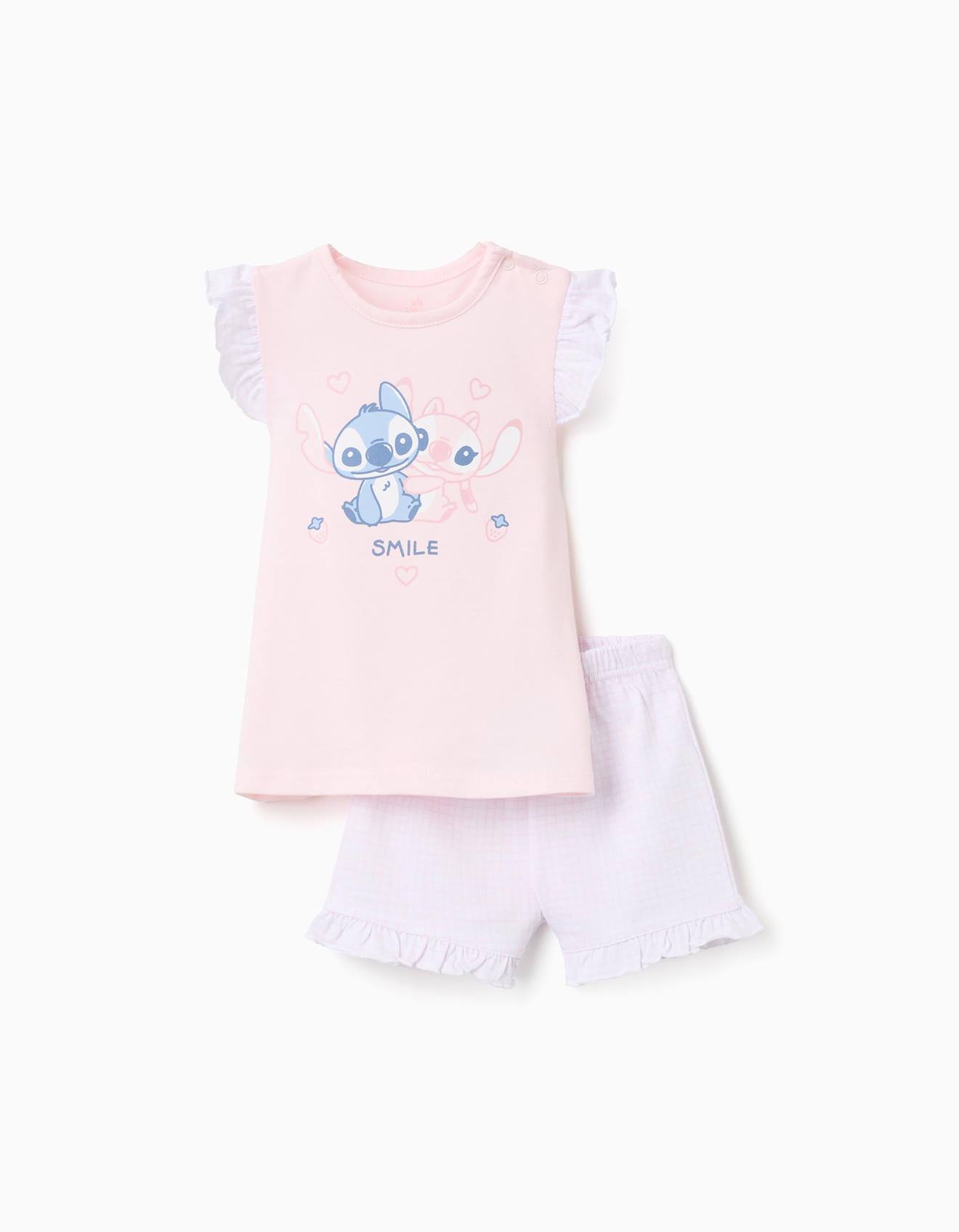 Pyjama En Coton À Manches Courtes Et Imprimé Stitch Rose Clair