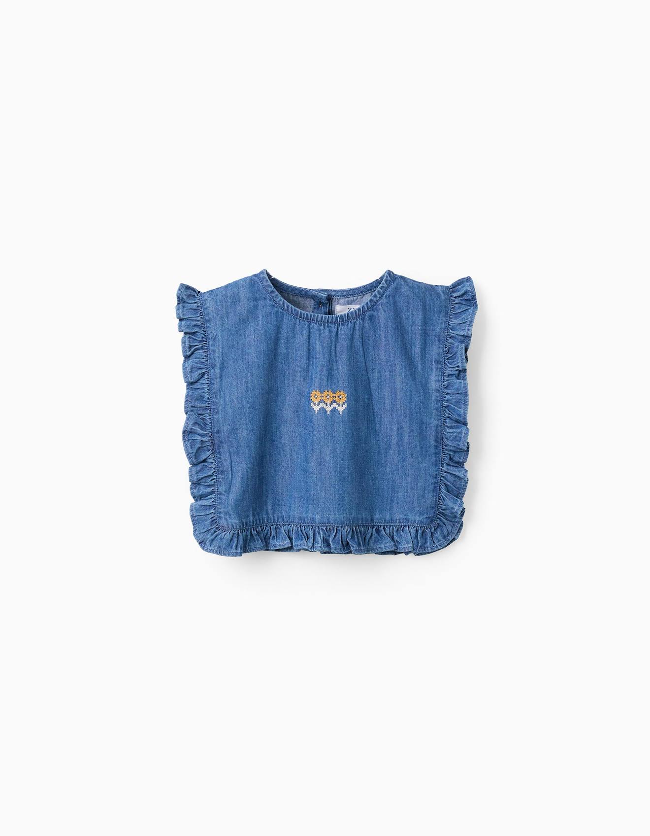 Blouse Style Poncho En Jean Avec Volants Et Broderie Bleu
