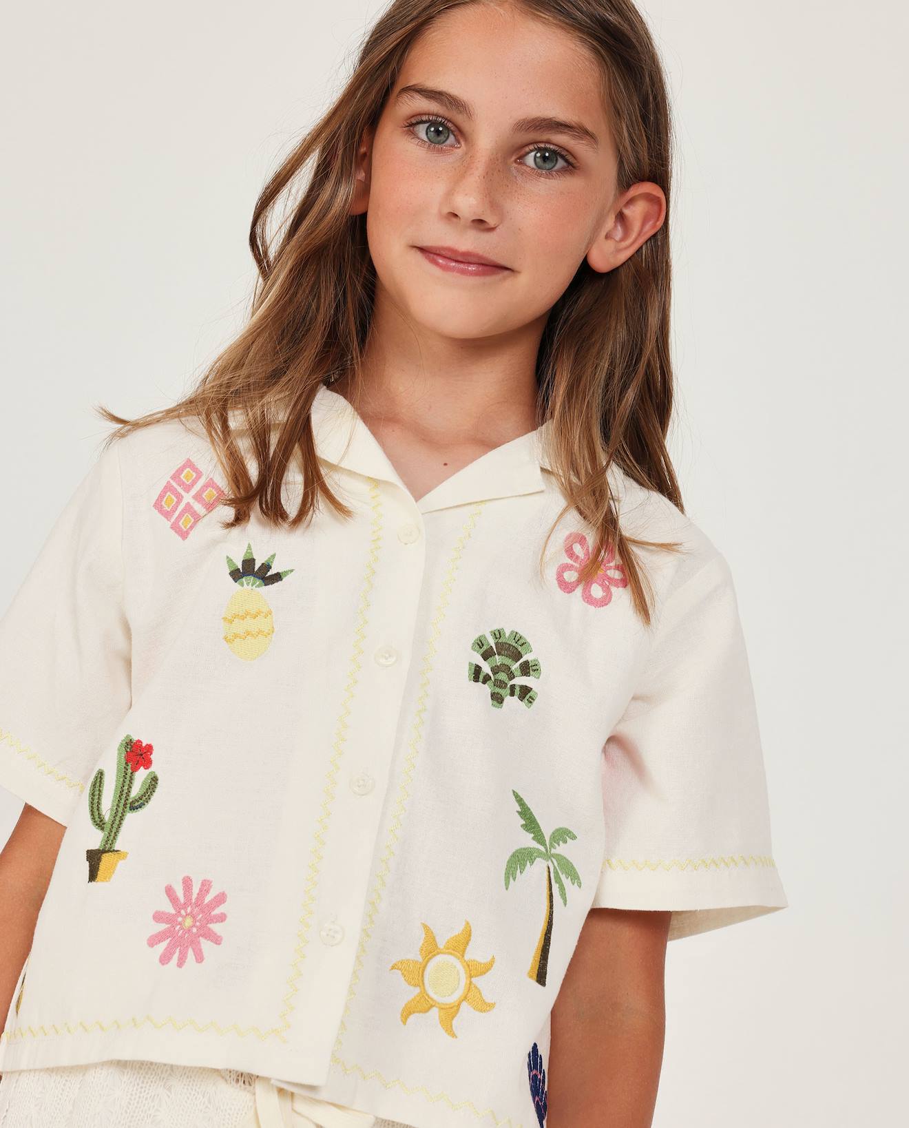 Chemise Fille Unie Avec Broderies Colorées Blanc