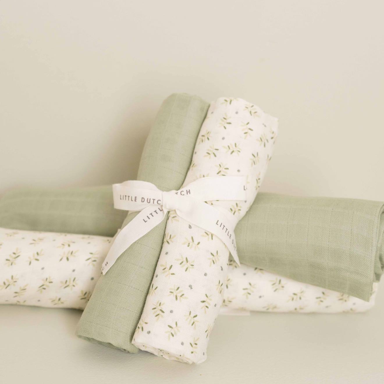 Lot De Langes Hydrophiles Bébé En Coton Bio – Multi-usages, Doux Et Très Absorbants Blanc, Vert Sauge (Little Dutch) - Image 1