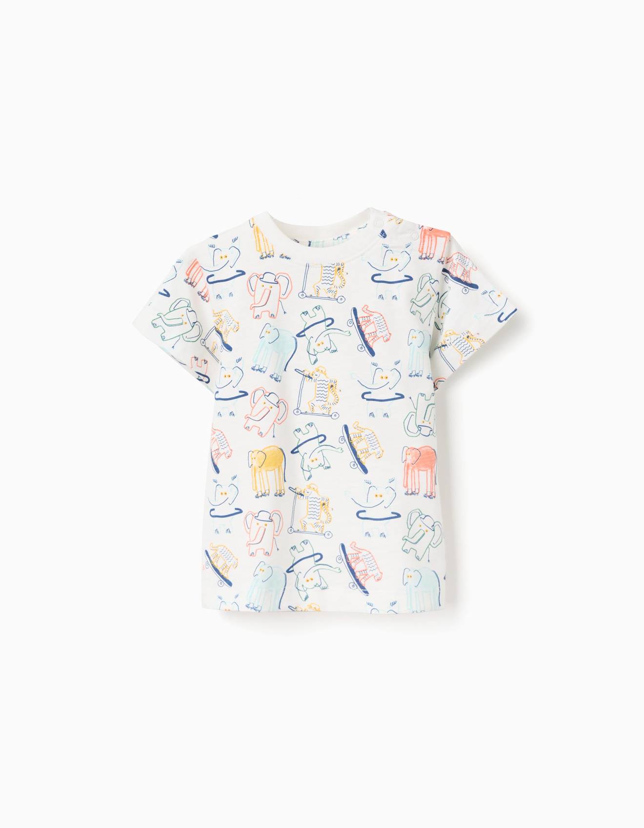 T-shirt En Coton Avec Motif lphant Et Tigre Beige Clair 12$