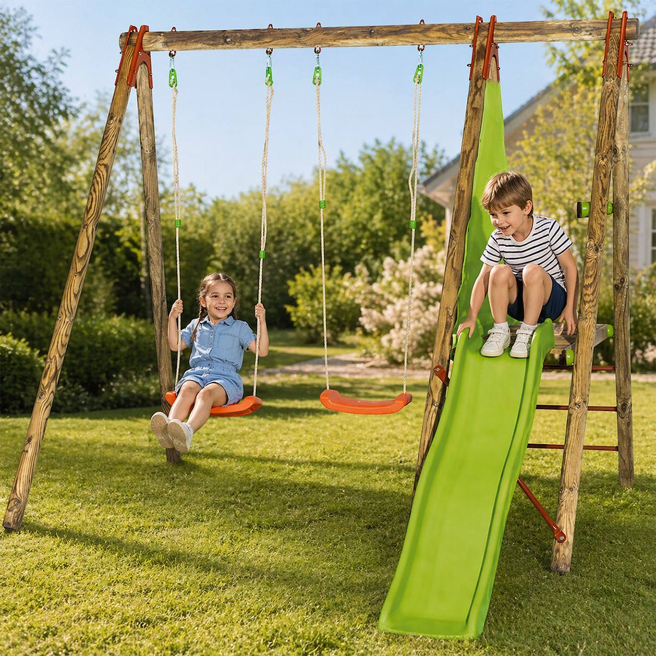Portique Balançoire Dani Topwood 2,30m 2 Portique Balançoires, 1 Toboggan Pour Enfants Bois