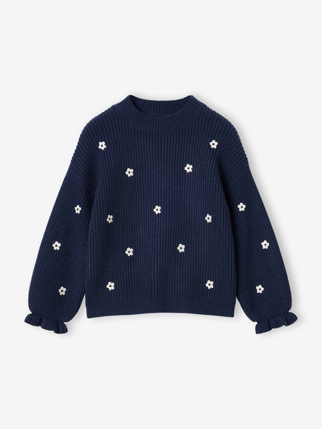 Pull fille manches longues col rond marine