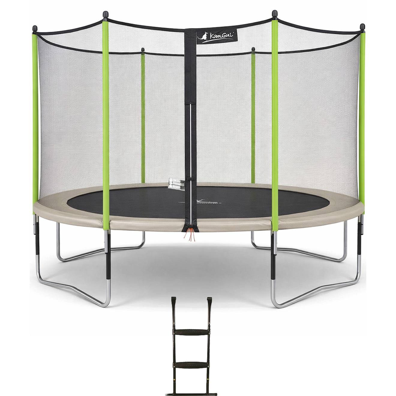 Trampoline Jardin Ø 430?cm + Filet + Échelle - Jumpi 430 - Taupe/vert Taupe
