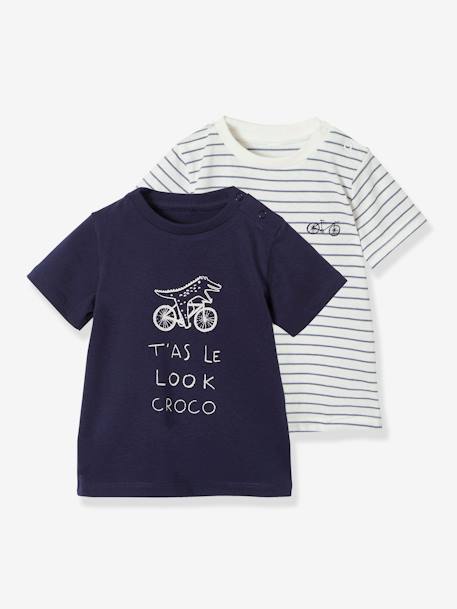 Lot De 2 T Shirts Bebe Garcon Motifs Animaux Rigolos Oeko Tex Lot Marine Fonce Vertbaudet