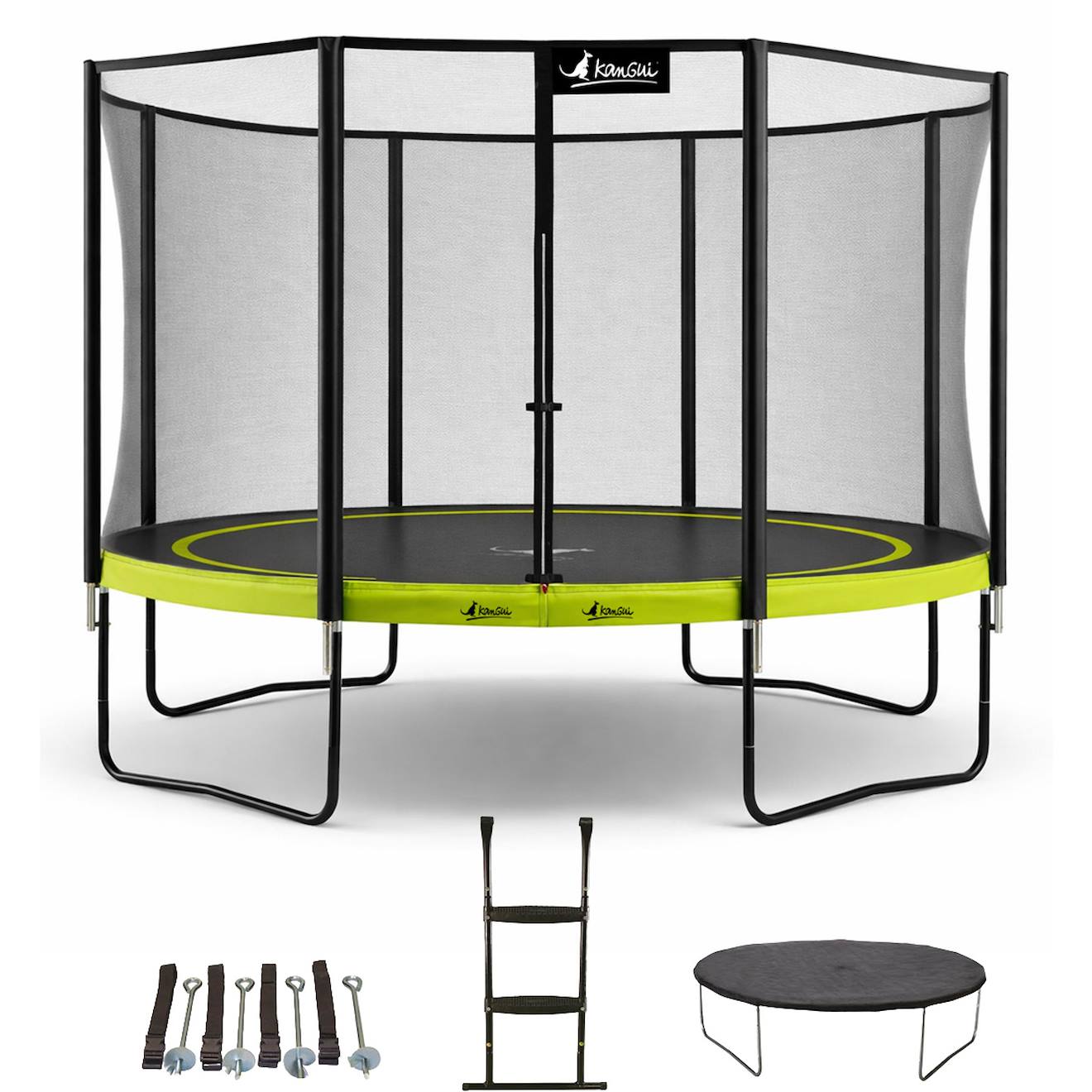Trampoline Ø 430cm + Filet + Échelle + Bâche + Kit Ancrage - Punchi 430 Vert Vert