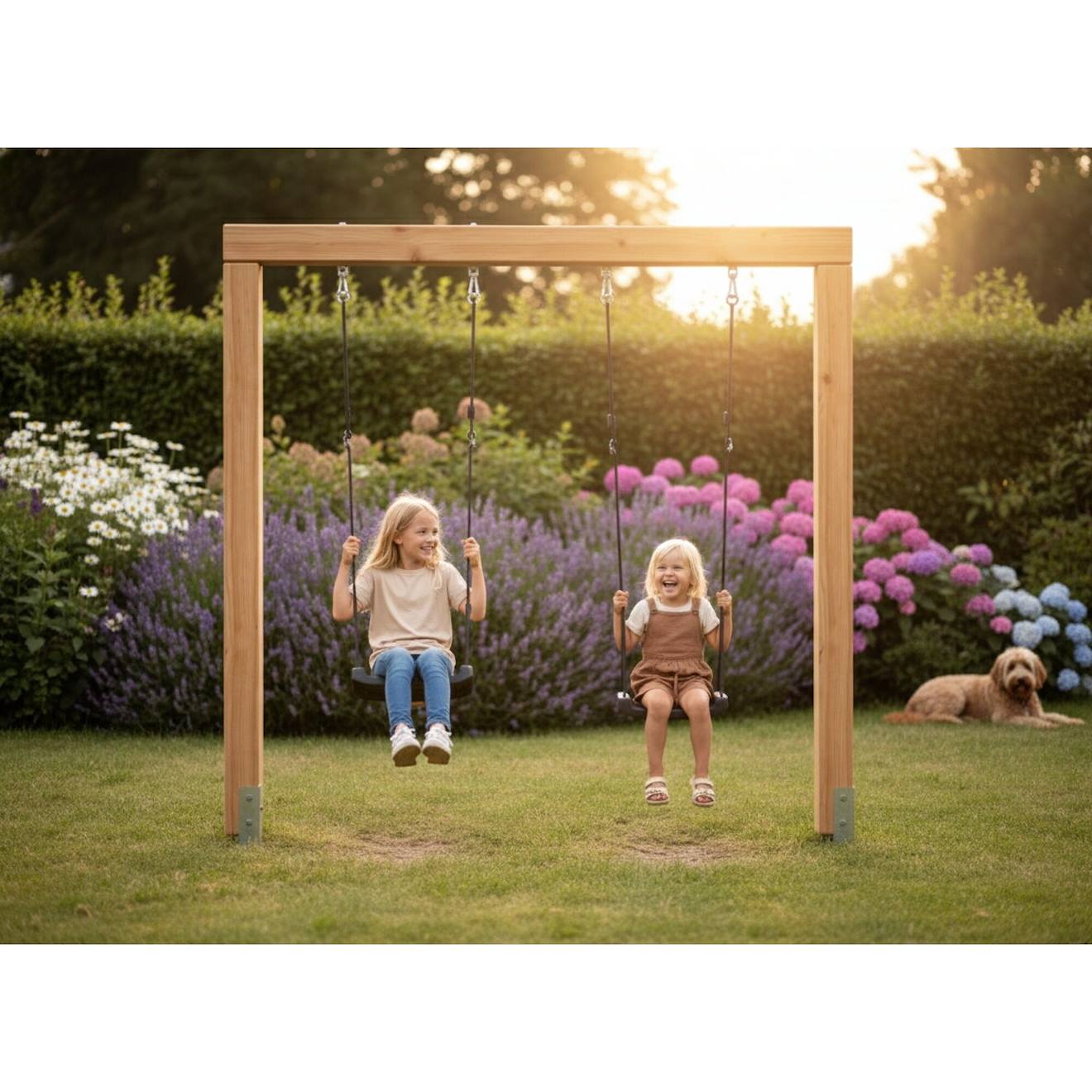 Balançoire Double Enfant En Bois – Portique Jardin Extérieur 2 Places Linea Massiv 140 Naturel
