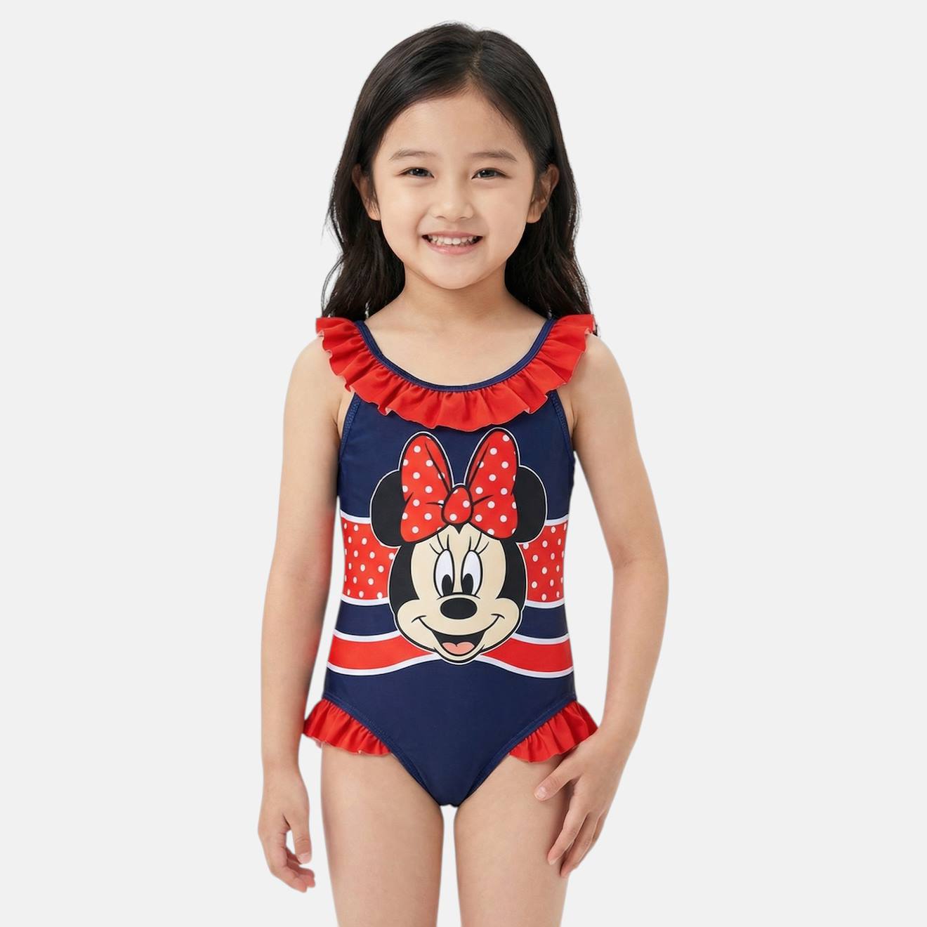 Maillot De Bain Fille 1 Pièce Bleu Marine À Volants Motif Personnage Minnie Rouge