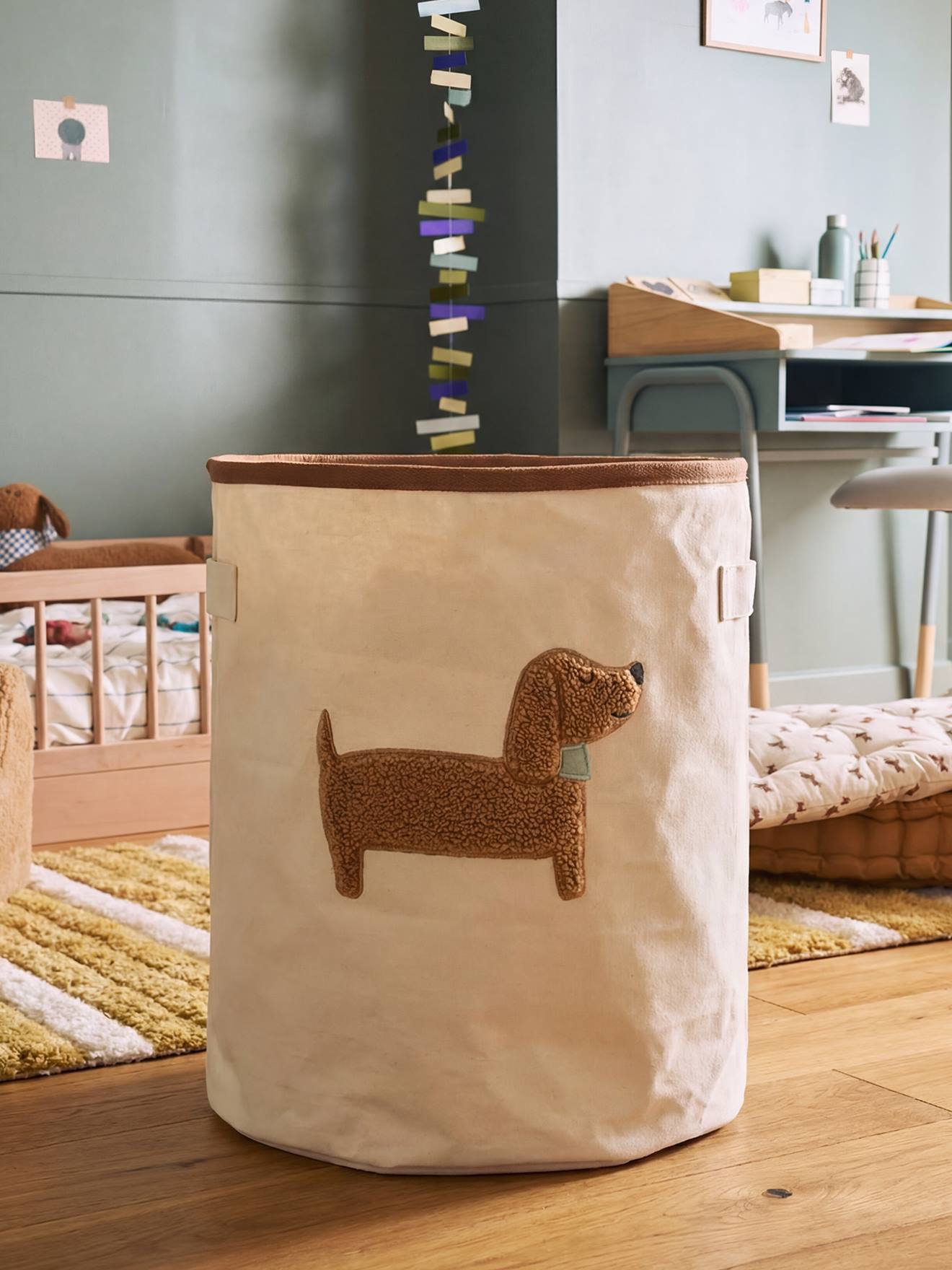 Panier rangement motif chien sherpa beige