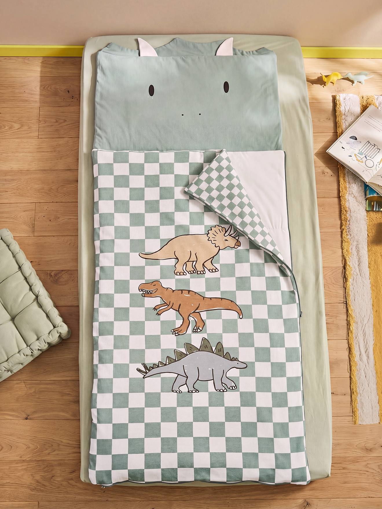 Sac de couchage enfant dinosaure carreaux vert