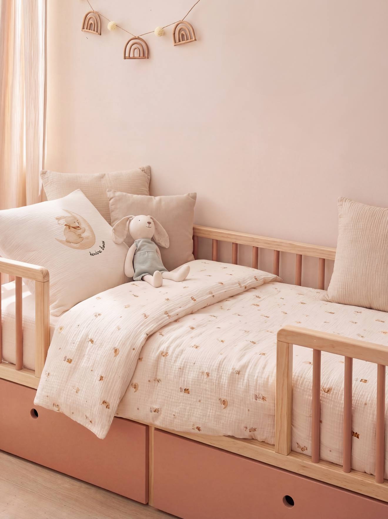 Parure housse de couette bébé gaze coton blanc imprimé
