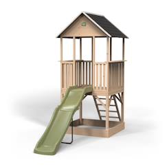 Jouet-Maisonnette en bois sur pilotis avec toboggan et bac à sable