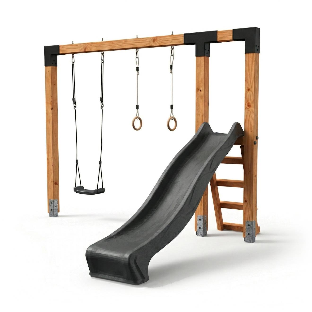 Balançoire En Bois Avec Toboggan Et Anneaux De Gym 297cm Naturel