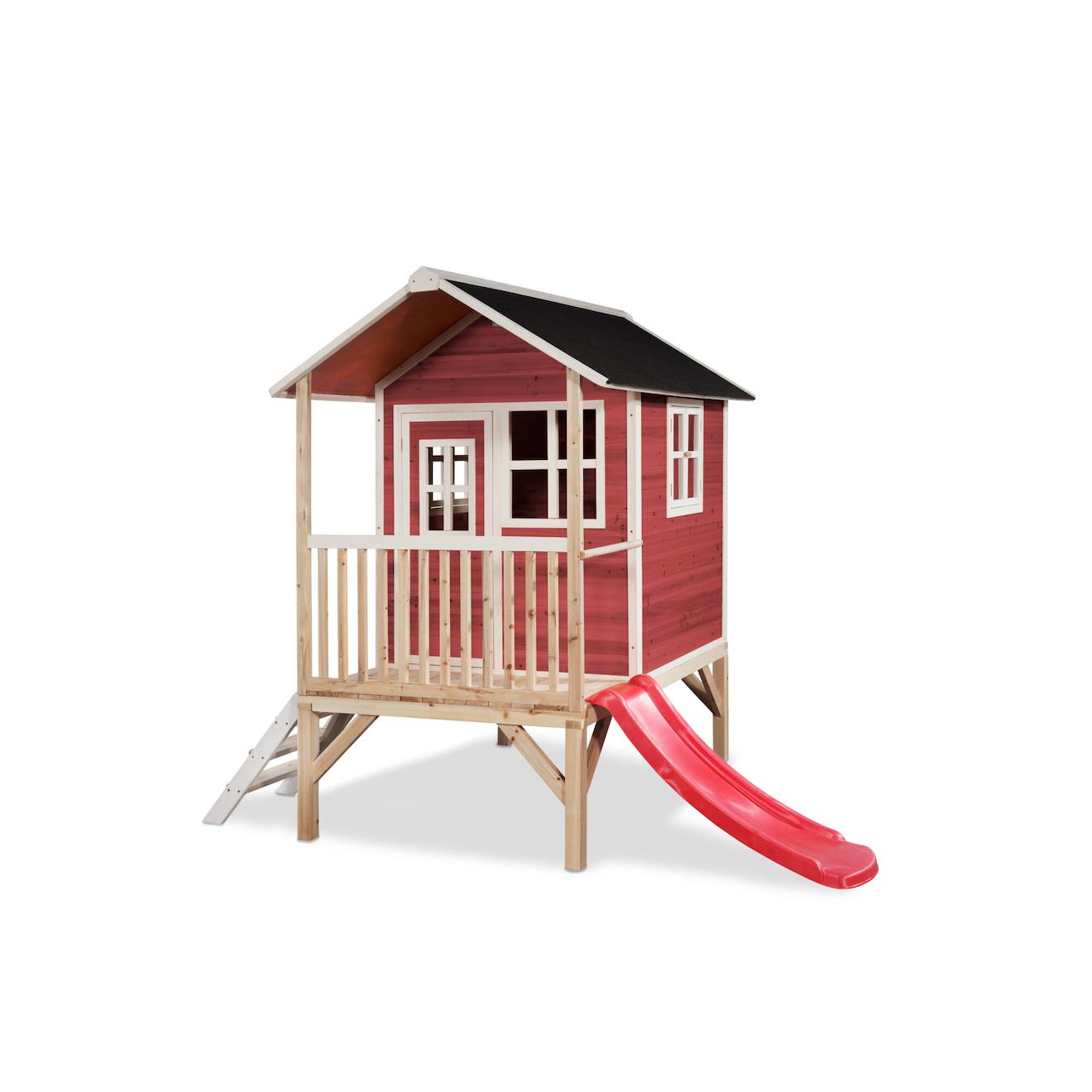 Maisonnette En Bois Sur Pilotis Avec Toboggan Et Échelle Rouge