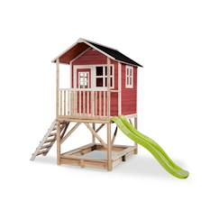 Jouet-Maisonnette en bois sur pilotis avec bac à sable et toboggan