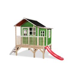 Jouet-Maisonnette en bois sur pilotis toboggan et extension jardin