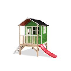 Jouet-Maisonnette en bois sur pilotis avec toboggan et échelle