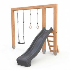Jouet-Jeux de plein air-Aires de jeux-Portiques et balançoires-Balançoire en bois avec toboggan et anneaux de gym 294cm